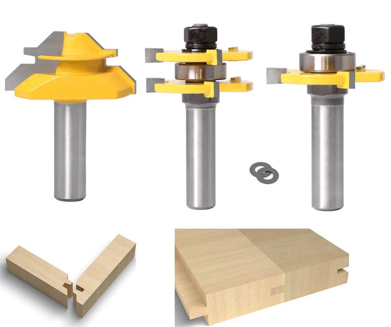 APLUS Lock Miter 45 Degree Joint Router Bits + 2Pcs Tongue and Groove Set [1/2-Inch Shank], APLUS 45Â° Lock Mitre Glue Joint Router Bit + Router Bit Set 3 Teeth T Shape, Wood Milling Cutter Woodworking Tool - Image 1